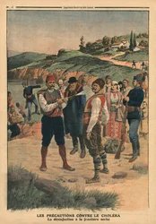 Vorsichtsmaßnahmen zur Verhinderung von Cholera, Desinfektion an der serbischen Grenze, Illustration aus 